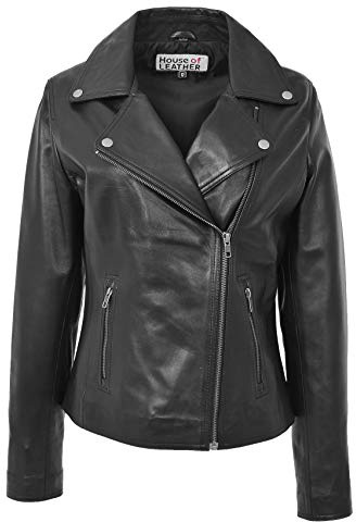 Womens Real Leather Biker Jacket Cross Zip Style Lola (16, Black)