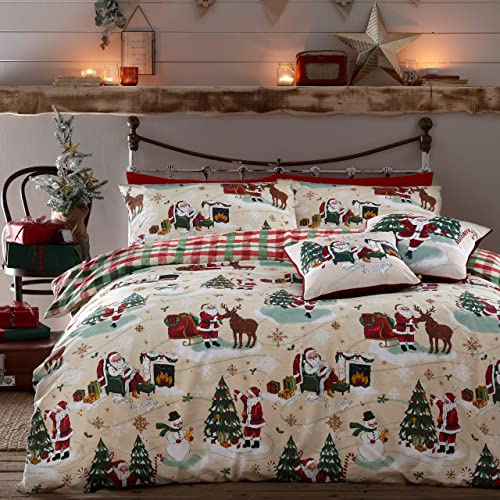 furn. Jolly Santa Christmas Duvet Cover Set - Festive Bedding Holiday Décor (Cream/Red - King)