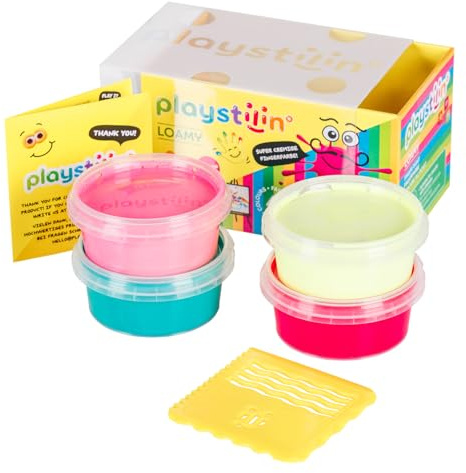 Playstilin Loamy – extra krämig fingerfärg, icke-droppande, lufttorkande vegansk målningsfärg, kreativt målningsset med verktyg för kreativ design i lådan, giftfri fingerfärg