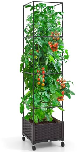 Giantex Raised Garden Bed with Tomato Cages, 67” Adjustable Height, Self Watering Planter Garden Box with Wheels, Trellis for Climbing Plants Vegetable Flower