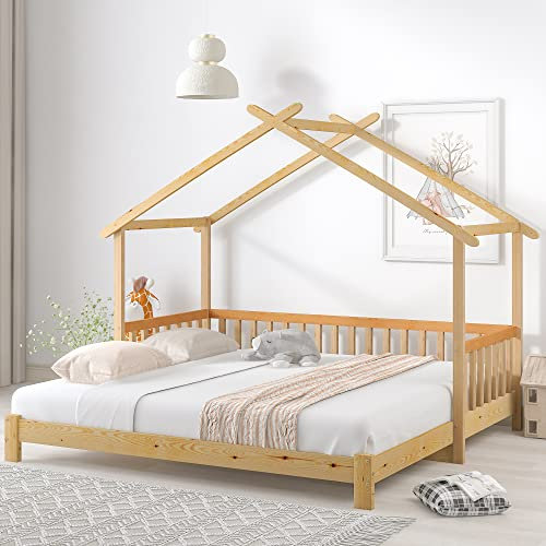 KUAKE Hausbett 200x180cm,Kinderbett Funktionsbett mit Rausfallschutz und Lattenrost,Erweiterbares Tagesbett Doppelbett,Holz Baumhausbett für Mädchen & Jungen,Naturfarbener