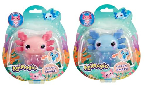 Animagic - Lot 1 Axolotl Rose + 1 Axolotl Bleu - Animal de Compagnie Électronique & Lumineux - pour Enfants dès 4 Ans - Jeu Sensoriel & Tactile - Corps Extensible - Flotte & Brille dans l’Eau