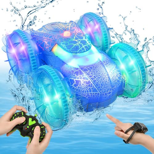 HOTUT Amphibious Remote Control Cars Boat for Kids, 2.4GHz Waterproof RC Stunt Car with LED Light, Gesture Sensor 4WD Remote Controlled Off-Road Toy Car, 360° Rotating 180° Flip RC Stunt Car Toy Gifts