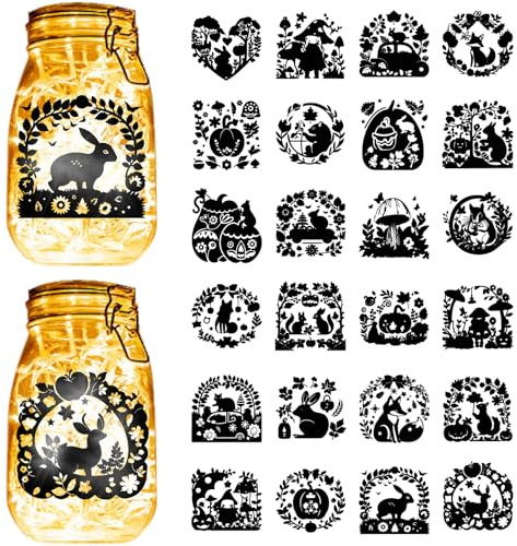CREATCABIN 24 Pcs 24Styles Halloween Pumpkin Mason Jar Decals Silhouettes Animals Fox Rabbits Cut Cardboard Scrapbook Cutouts Waterproof Stickers for Lantern Jars Water Bottle 7.8x5.9 Inch