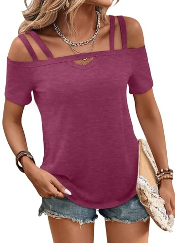 Bliwov - Top da donna a spalle scoperte a maniche corte, carino, sexy, estivo, primaverile, per la spiaggia e le vacanze, magliette alla moda, outfit di base, Fucsia, XL