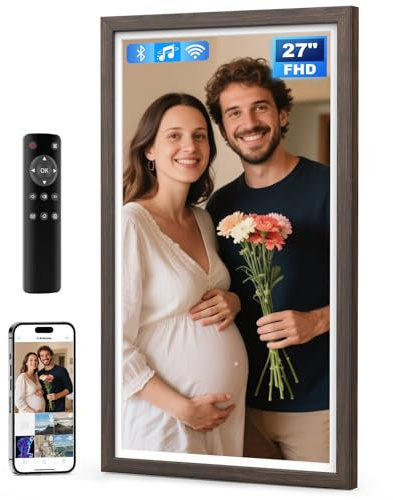 Arktronic Large Digital Picture Frame 27 inch, 1920x1080 FHD IPS WiFi Digital Photo Frame with Remote, 32GB Storage, Auto-Rotate, Instantly Share Photo/Video via Apps/Email, USB/Mirco SD, Dark Wood