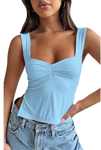 OYIGELZ Débardeur Femme Été Haut à Bretelles Camisole Sans Manches Hauts Y2K Coupe Ajustée Crop Tops Fente Latérale Dos Nu Sexy Plissé Élégant Basique Cami Débardeur Chemise Streetwear, bleu ciel, L
