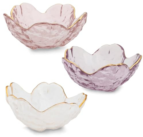 Huakaile 3 Pieces Flower Shape Glass Jewelry Plate Dish, Trinket Bowl for Rings Earrings, Decorative Small Jewelry Tray Dish Present for Wife Women Daughter (Pink Purple Transparent)
