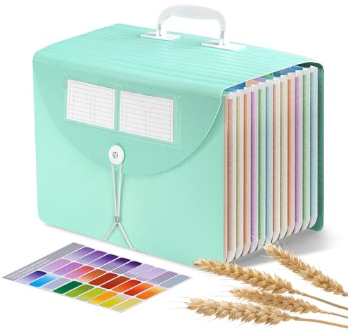 Agoer Trieur A4 13 Compartiments en Paille de Blé,Range Document Organiseurs de Dossiers Accordéon, Rangement Papier Administratif Extensible Portable y Compris la Poignée,Travail Sain,Sans BPA- Vert