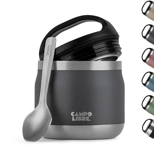 Campo Libre.® Lotta, Thermobehälter für Essen, Edelstahl Thermobecher Essen mit Löffel, Warmhaltebehälter Essen, Mueslicup oder Babybrei Warmhaltebox, Thermo-Essensbehälter, Deep Grey, 400ml