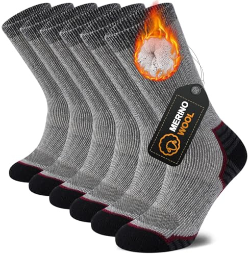 floconssy Merino Wool Hiking Socks Outdoor Cushioned Thermal Warm Winter Boot Crew Socks for Men & Women 3 Pairs Black Red Size 5-9
