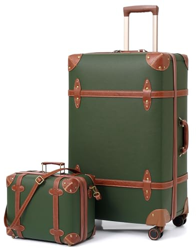 Urecity Vintage Reisekoffer Set 2 Teilig Leicht Retro Lederkoffer Hartschale Trolley Handgepäck Sets mit TSA Schloss und 8 Rollen (Grün, S(14)+XL(28))
