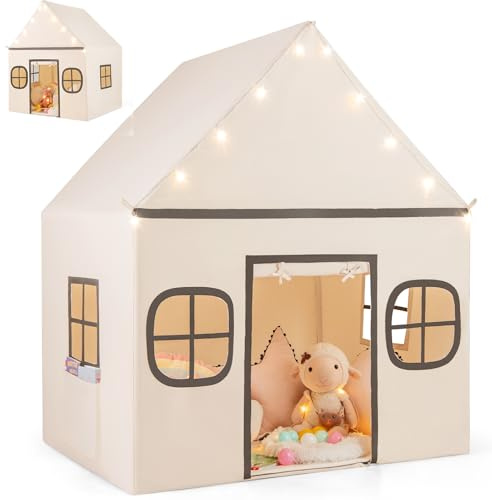 HOMASIS Tienda de Campaña Infantil con Luces de Estrellas y Alfombra Acolchada, Tipi para Niños con 4 Ventanas y Cortina 3+ Años (Beige)