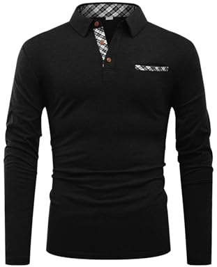 Hisir Camisas polo para hombre de algodón de manga larga, camisetas con cuello de patchwork, tops regulares, ropa de trabajo con bolsillo real, Negro, XL