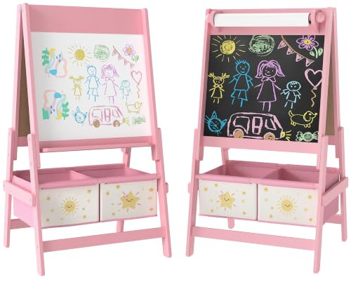 AIYAPLAY Art Easel for Kids 3-in-1 Whiteboard/Blackboard Ages 3-8 Pink | Double-Sided Standing Easel, Paper Roll, Two Storage Boxes, Toddler Drawing Board