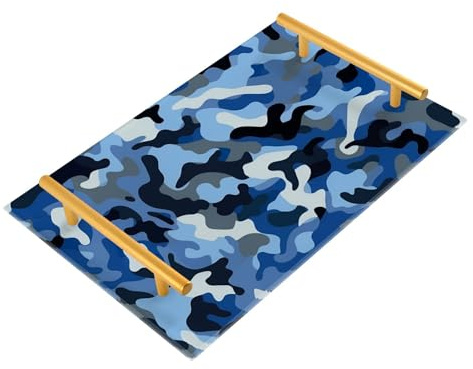 Bandeja decorativa azul camuflaje con asas, bandeja plana para servir joyas, perfumes, para la cama, servir charolas para desayuno