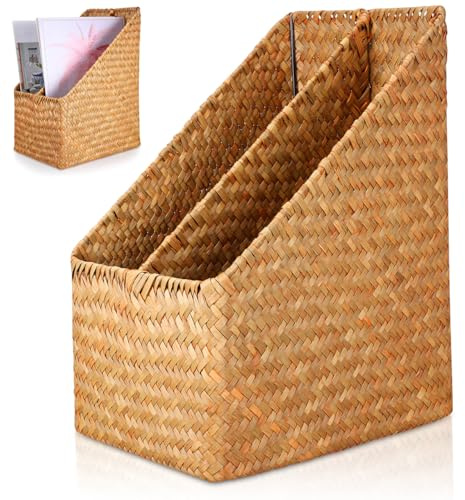 GALPADA Handwoven Straw Document Stand Rack - Thickened Office File Organizer Box for Desk Storage - Natural Wicker Magazine Holder & Folder Basket for Boho Home Office & School