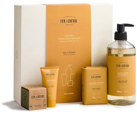 Savonnerie Fer à Cheval Coffret Cadeau Signature Parfumé Miel & Amande – Savons Liquide de Marseille et Doux Parfumé, Crème Mains et Cube de Savon de Marseille