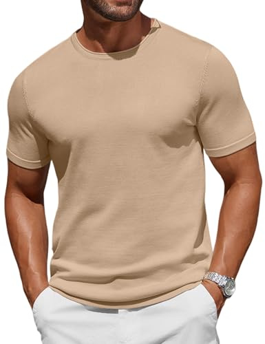COOFANDY Men's T-Shirts Short Sleeve Knitted T Shirt Men Crew Neck Casual Tops Khaki M