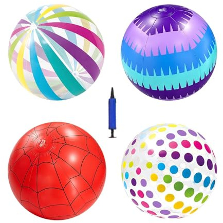 Inflatable Beach Balls - 4 Pack Summer Pool Toy Set, 11 Inch Colorful Blow Up Beach Balls with Air Pump, Water Play Toys for Kids & Adults, Fun, Birthday Parties, Pool Games & Outdoor Activities