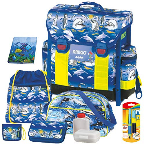AMIGO Delfin Schulranzen-Set 8tlg. mit SCHULSPORTTASCHE, BROTDOSE, TRINKFLASCHE und HEFTBOX A5, SCHREIBLERNFÜLLER gratis dabei