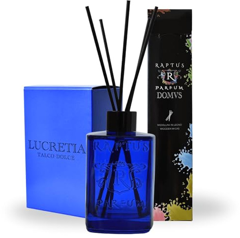 RAPTUS Lucretia Diffusore Profumo Ambiente 300ml con Bastoncini in Legno Naturale Fragranza al Talco Dolce e Pulito Bottiglia in Vetro Blu Elegante Diffusore Profumato per Casa Bagno e Camera da Letto
