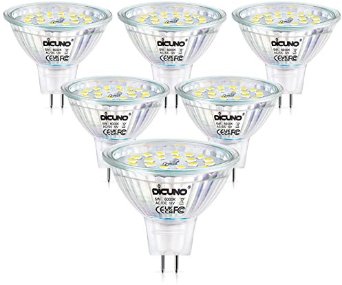 DiCUNO Lampadina LED GU5.3 MR16 Dimmerabile, 5W Equivalente 50W alogena, 12V, 500lm, Bianco freddo 6000K, Faretto LED per controsoffitto e faretti incasso, 6 Pezzi