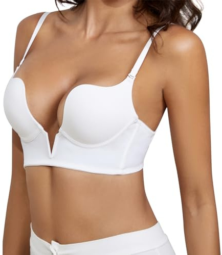 seagallery Low Back Bra for Women Low Cut Deep V Plunge Push Up Wire Lifting Bra Multiway Convertible Bra, White-deep V, 32C