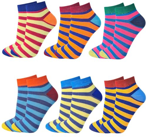6 paia di calzini da donna per scarpe da ginnastica da donna e ragazza, strisce fluo, design a righe, abbigliamento sportivo per adulti 4-7