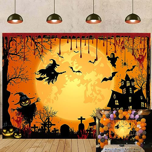 Fond de Fête d'halloween Orange Horreur Halloween Sanglant Fond Photo Pleine Lune Nuit Château Sorcière Fantôme Citrouille Halloween Party Décoration Bannière Photo Fond (210 x 150 cm)