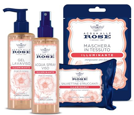 Acqua alle Rose, Set Illuminante con Vitamina C, per Pelli Spente o Opache, contiene Acqua Spray 200ml, Maschera in Tessuto 1 pz, Gel Lavaviso 200ml e Salviettine Struccanti 20pz - Esclusiva Amazon