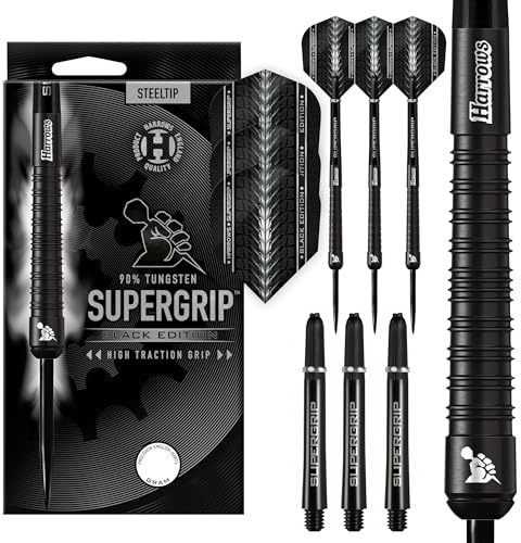 Harrows SUPERGRIP BLACK EDITION 90% Tungsten Steel Tip Darts Set. Available in 21g, 22g, 23g, 24g, 25g, 26g, 28g & 30g - Includes Supergrip Shafts & Supergrip Flights-30g