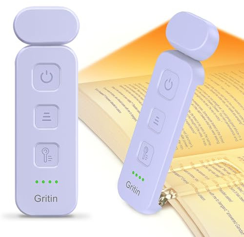 Gritin Book Light Rechargeable, Reading Light Lamp Clip on Books, Eye Caring 3 Colors, 5 Brightness & Stepless Dimming, Long Lasting up to 80hrs, Portable Mini Reading Lamp for Readers- Purple