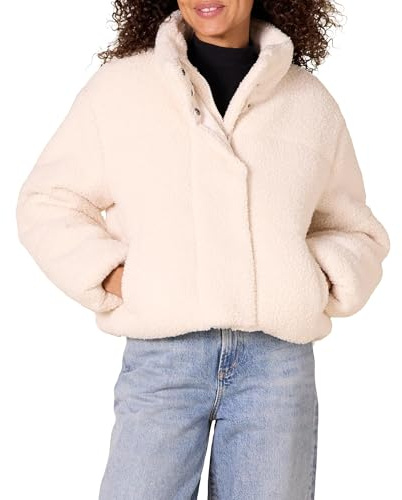 Amazon Essentials Chaqueta Acolchada y Recortada con Cremallera Completa (Acolchado Mate o Forro Polar) Mujer, Crema Osito de Peluche Sherpa, XXL