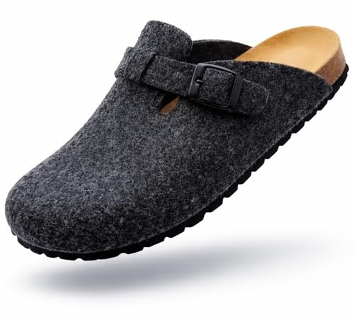 GONKOS®, ullfiltträskor, anatomisk innersula gjord av äkta läder och naturkork, jungfrulig ull,tofflor av filt för kvinnor och män,tofflor Mules Slip On,hög kvalitet tillverkad i Spanien,antracit 39