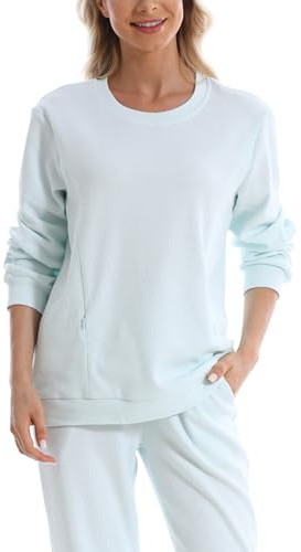 FEOYA Moderskapströja långärmad tröja rund hals amningströjor dragkedja sida öppen pullover lös ledig mjuk topp graviditet vinter höst kläder, Himmelsblått, M
