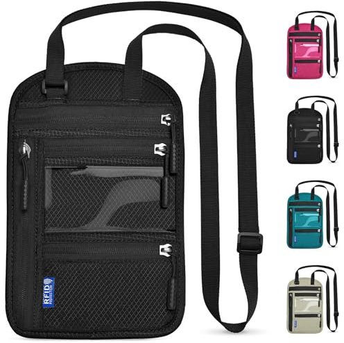 Yordawn Brustbeutel Brusttasche Herren Dame mit RFID-Schutz Wasserdicht Reisegeldbeutel Reise Sicherheitstasche mit Verstellbarem Halsriemen für Karten Reisepass (Dunkelschwarz)