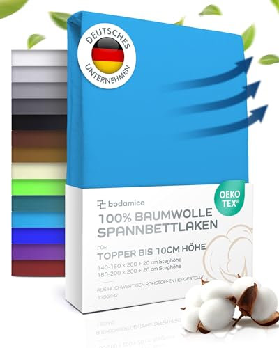 Bodamico Topper Spannbettlaken 180x200cm - 100% Baumwolle Jersey für Boxspringbett Topper bis 10cm Höhe - Topper Bezug 180x200-135g/m2 Oeko-Tex geprüft - Topper Schoner in Türkis