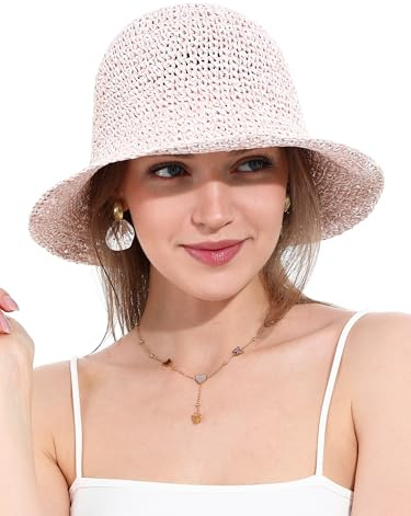 soul young Chapeau de Soleil Femme en Paille Tressée Large Bord Reversible Plage Bob Pliable Été Voyage Protection UV UPF50+(Beige et Rose)