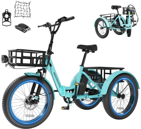 MOONCOOL Electric Tricycle for Adults, 20 Folding Electric Trike with 36V 20AH Removable Battery, 20x3.0 Fat Tire 3 Wheel Electric Bike, Range 112KM, Aluminum Adult Tricycle with Differential
