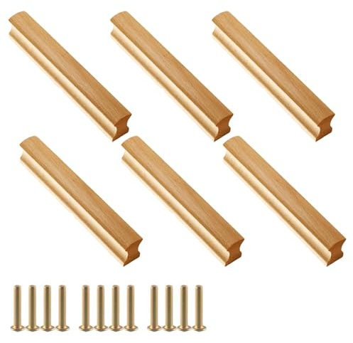 CAAGGMM Maniglie in Legno, 6 Pezzi Pomelli Cassetti per Mobili Cucina in Legno Con 12 Viti, Interasse Fori 120 mm, Armadio da Cucina in Massiccio con Maniglie, per Tavolini, Cassettiere