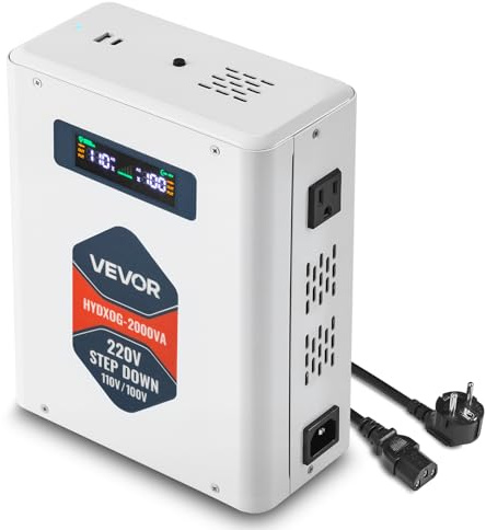 VEVOR Spannungswandler Abwärts, 2000 VA, Hochleistungs-Konverter, 220 V auf 110 V Leistungstransformator, mit 2 US-Steckdosen, USB-Ausgang, LCD-Display, Temperaturschutz, für 110-V-Geräte