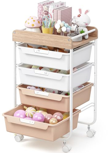 SYKIARIOL 4 Drawer Storage Trolley with Drawers, Craft Trolley on Wheels with Handles, Multifunctional Rolling Storage Organizer for School, Office, Bedroom, Living Room - Pearl