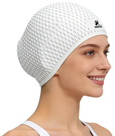 OMID Swim Cap Women Adult, Silicone Comfortable Waterproof Swimming Cap for Long Hair, Pool Beach Training (White)
