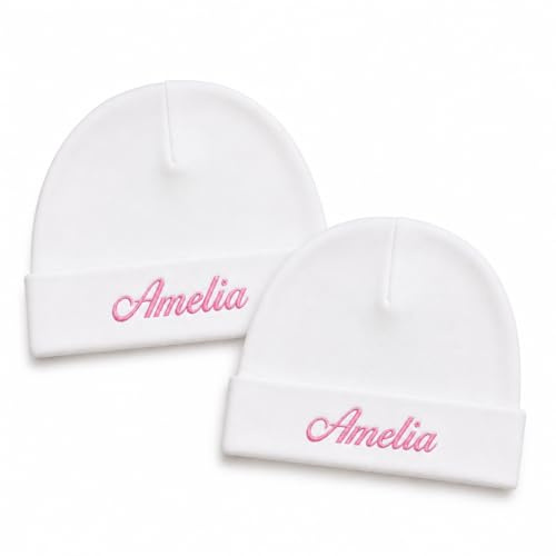 Lobeko Personalised Baby Hats Set of 2, Embroidered Newborn Baby Beanies for Baby Girls & Boys, 100% Cotton, Newborn & 0-3 Months (Baby Pink Thread)