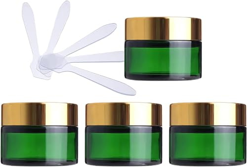 kosmetikburk, 4-pack 50 ml gröna kosmetiska glasburkar, tomma förvaringsbehållare for ansiktskräm Krukor med guldlock och innerfoder + 4X spatel