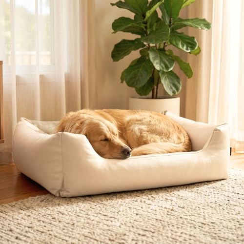 4L Textil MARIO Ortopedisk Hundbädd & Hundsäng i Konstläder – Vattentät Memory Foam Hundbädd – Slitstark & Reptålig – Lätt att Rengöra – För Inomhus & Utomhus (Beige, 140x110 cm)