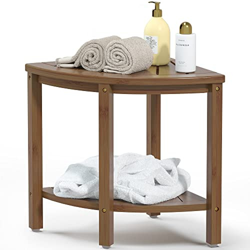 Bamfan Bamboo Corner Shower Bench Waterproof Stool with Space-Efficient Storage Shelf - Shower Stool Seat for Indoor or Outdoor Use(Walnut)