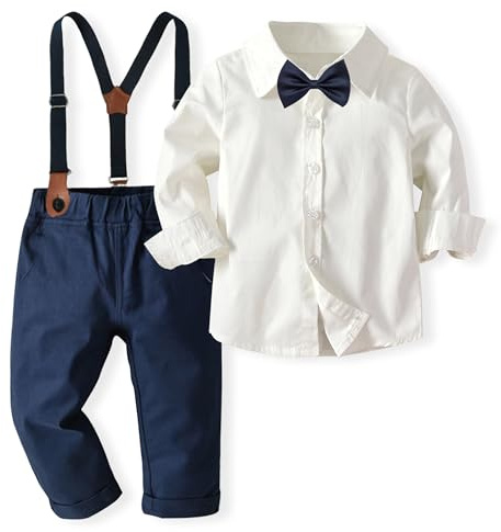 Volunboy herr-kostym för bebispojkar, formell fluga för småbarn, skjortor + hängslen, byxor, outfit i 4 delar, BEIgE, 18-24 månader