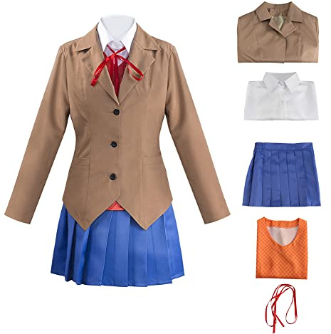 Juejuezi Doki Doki Literature Monika Outfit Yuri Ddlc Uniform Sayori Cosplay School Girl Costume Halloween (XS, Brown)